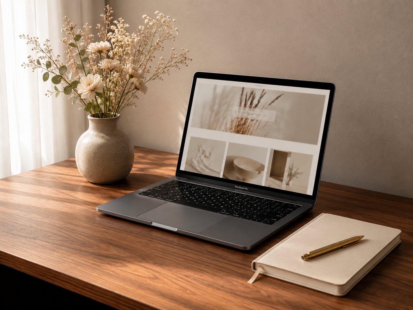 Workspace Witrynoli — laptop z portfolio na drewnianym biurku, wazon z kwiatami i kremowy notes