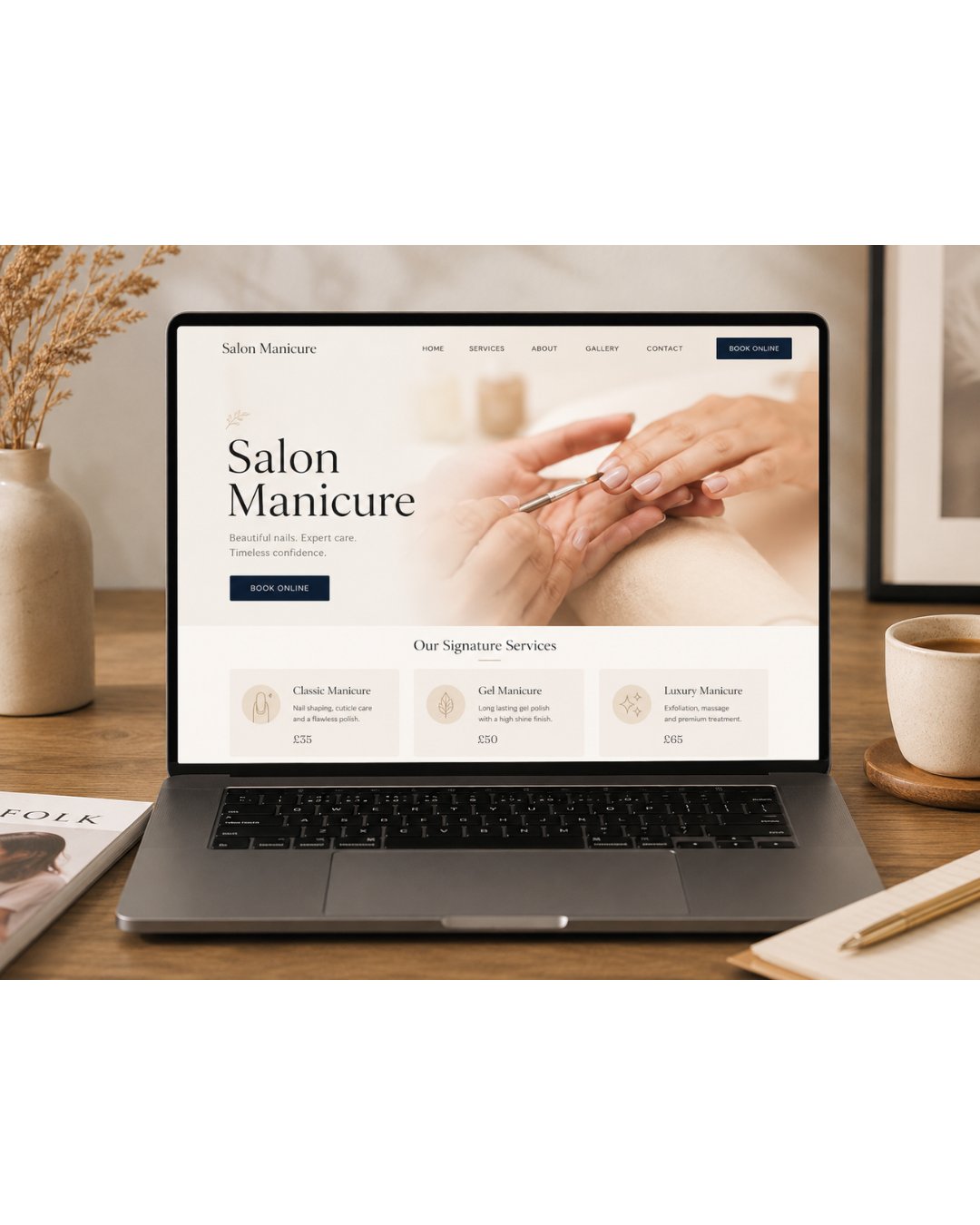Mockup strony Salon Manicure — strona z rezerwacją online dla salonu kosmetycznego